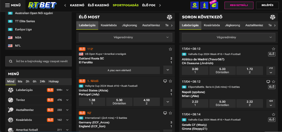 Pillanatkép az RTbet élő sport oldalról