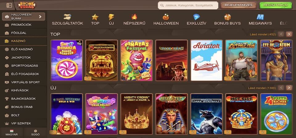 Képernyőkép a Stonevegas kaszinó oldaláról
