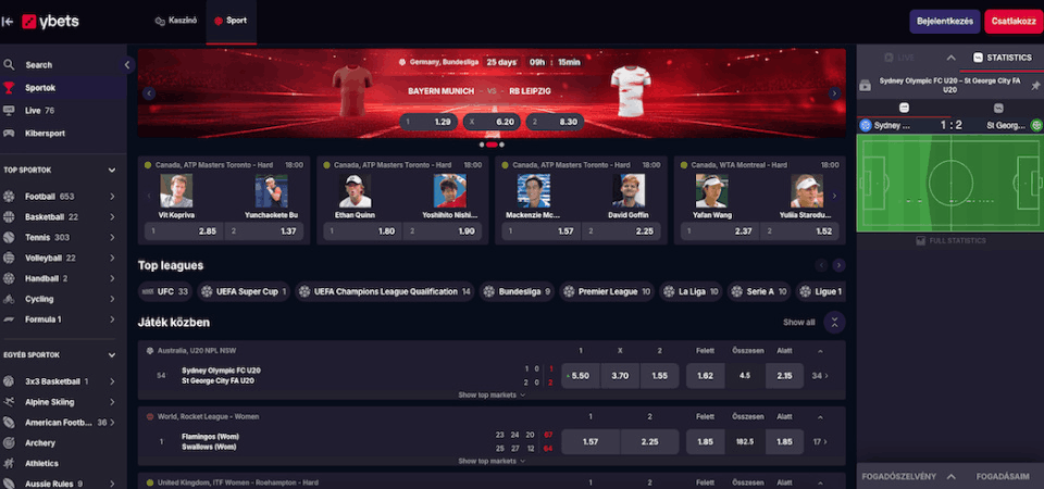Az Ybets sportoldalának képernyőképe