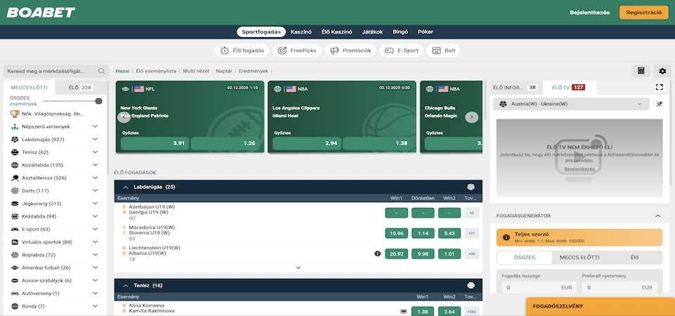 A Boabet sportoldalának képernyőképe