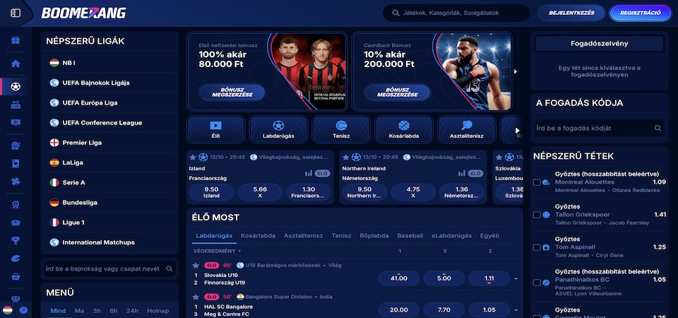 A Boomerang-bet.com sportoldalának képernyőképe