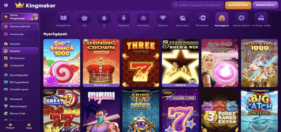 Képernyőkép a Kingmaker slotok oldaláról