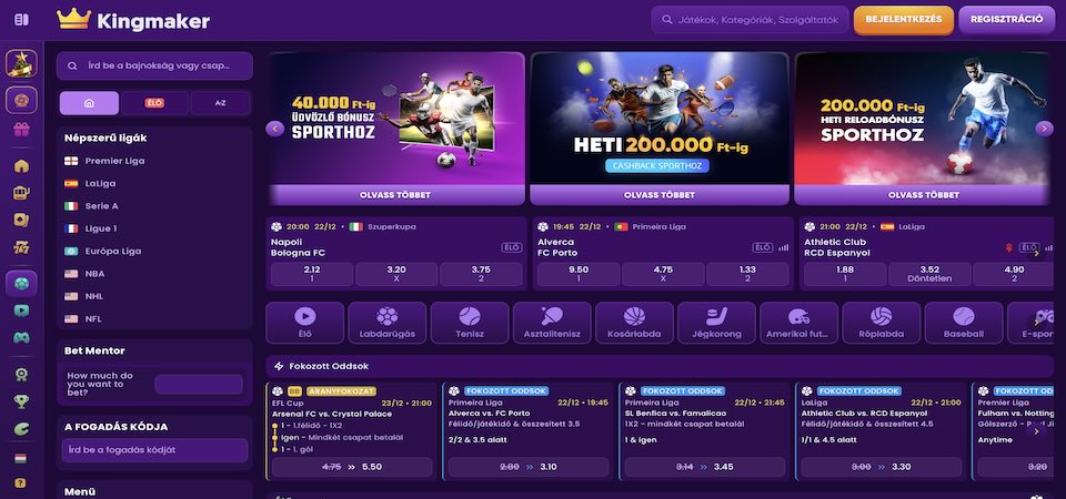 A Kingmaker sportoldalának képernyőképe