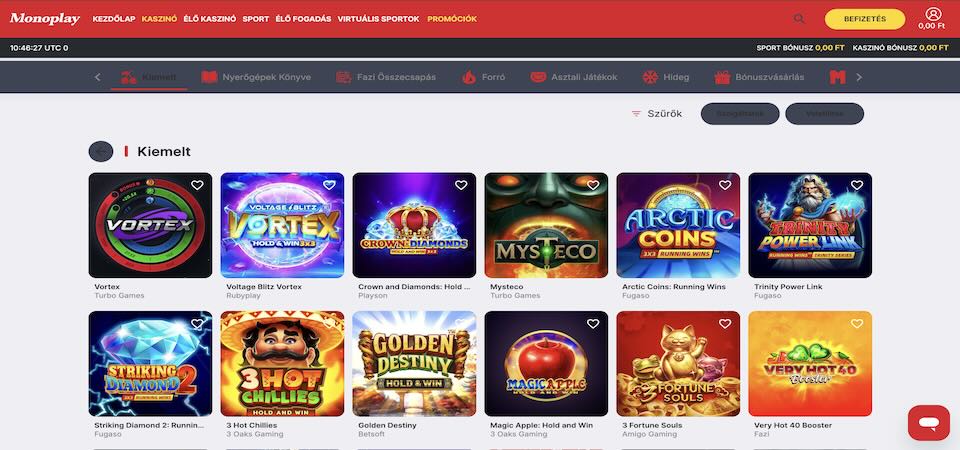 Képernyőkép a Monoplay slotokról Magyarországon