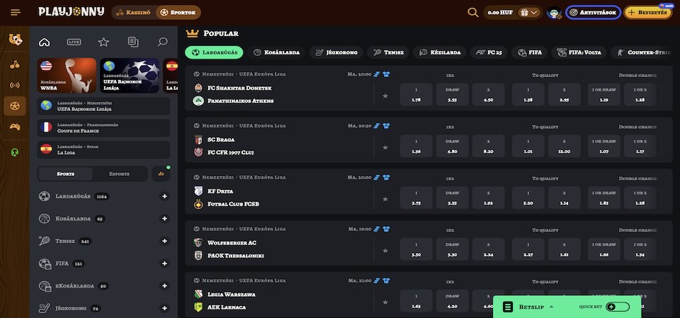 A Playjonny sportoldalának képernyőképe