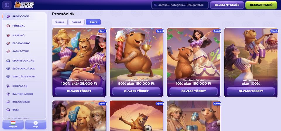 Pillanatkép a Spinbara bónuszok oldaláról