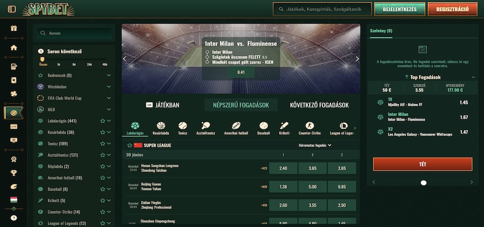 Pillanatkép a Spybet sportfogadási oldaláról