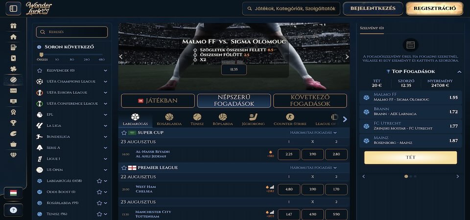 A Wonderluck sportoldalának képernyőképe