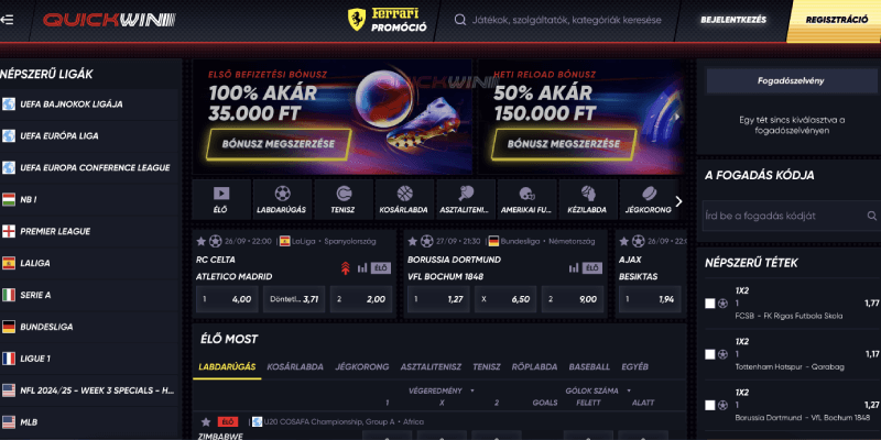 Pillanatkép a Quickwin fő sportfogadási oldaláról